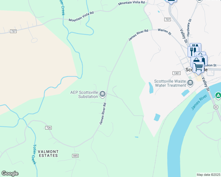 map of restaurants, bars, coffee shops, grocery stores, and more near 225 Scotts Landing Drive in Scottsville