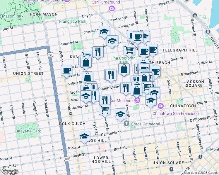 map of restaurants, bars, coffee shops, grocery stores, and more near 1125 Broadway in San Francisco