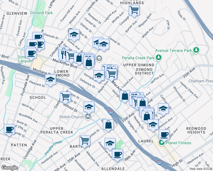 map of restaurants, bars, coffee shops, grocery stores, and more near 3550 Maple Avenue in Oakland