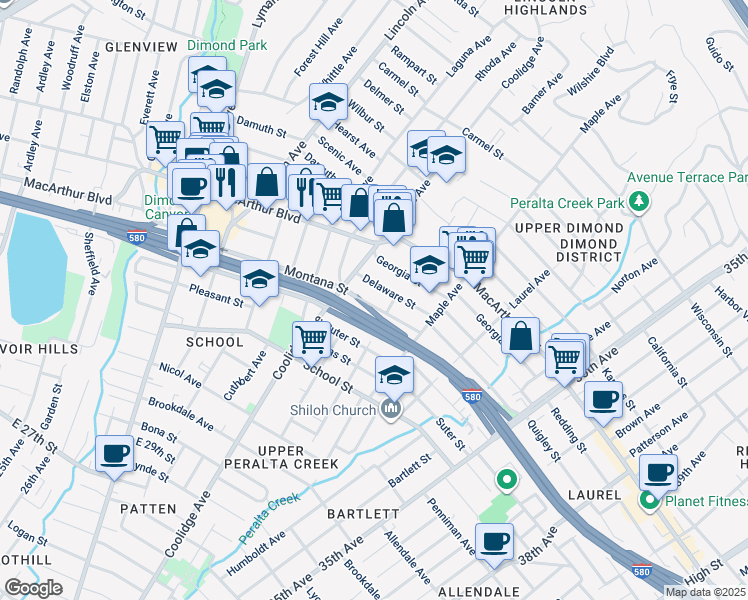 map of restaurants, bars, coffee shops, grocery stores, and more near 2820 Montana Street in Oakland