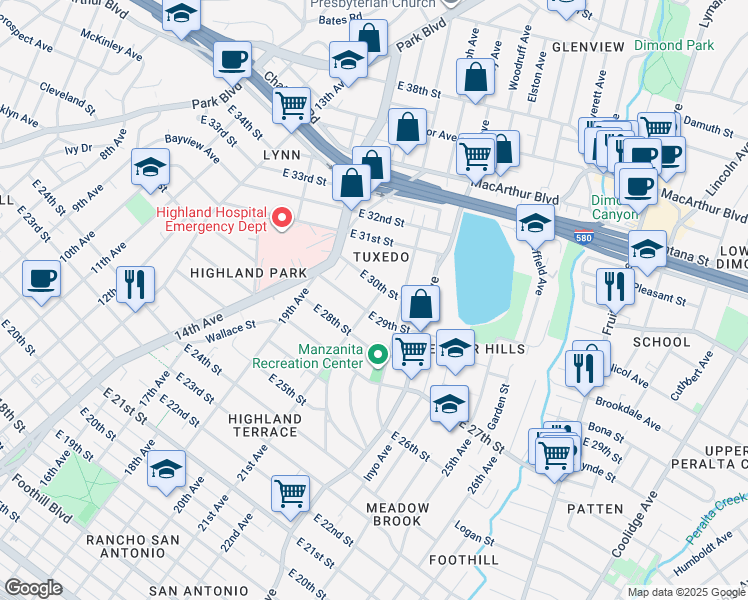 map of restaurants, bars, coffee shops, grocery stores, and more near 2050 East 30th Street in Oakland