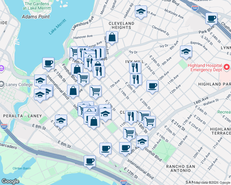 map of restaurants, bars, coffee shops, grocery stores, and more near in Oakland