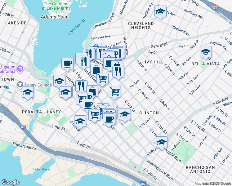 map of restaurants, bars, coffee shops, grocery stores, and more near in Oakland