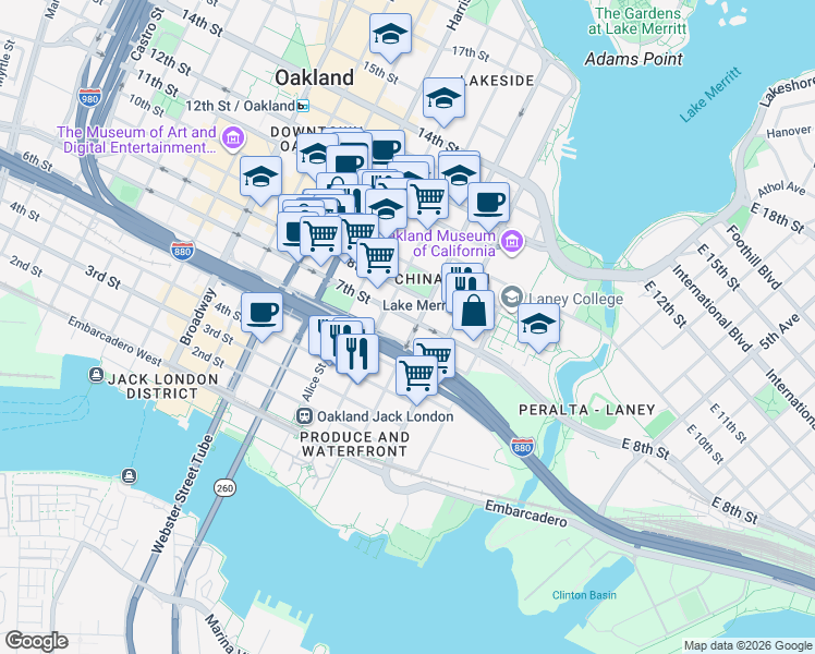 map of restaurants, bars, coffee shops, grocery stores, and more near 602 Jackson Street in Oakland