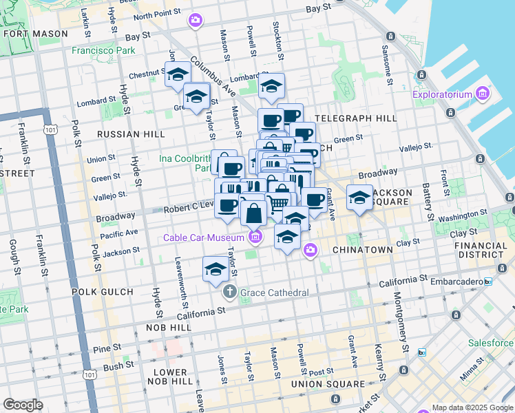 map of restaurants, bars, coffee shops, grocery stores, and more near 1457 Mason Street in San Francisco