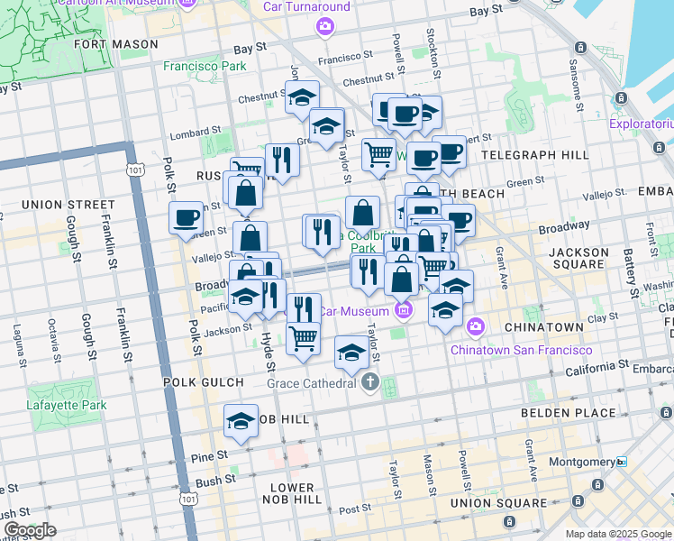 map of restaurants, bars, coffee shops, grocery stores, and more near 1700 Jones Street in San Francisco