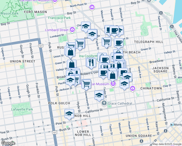 map of restaurants, bars, coffee shops, grocery stores, and more near 1700 Jones Street in San Francisco