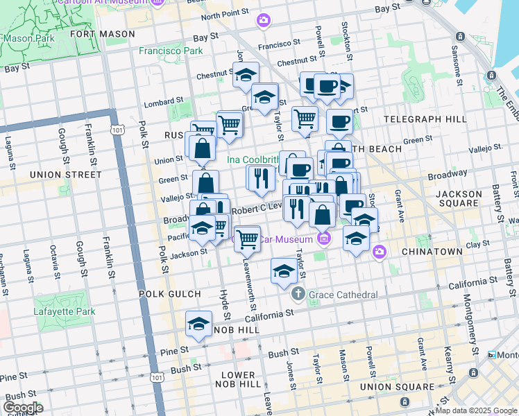 map of restaurants, bars, coffee shops, grocery stores, and more near 1700 Jones Street in San Francisco