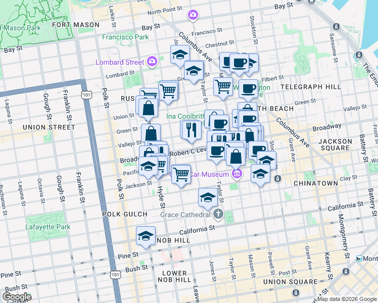 map of restaurants, bars, coffee shops, grocery stores, and more near 1700 Jones Street in San Francisco