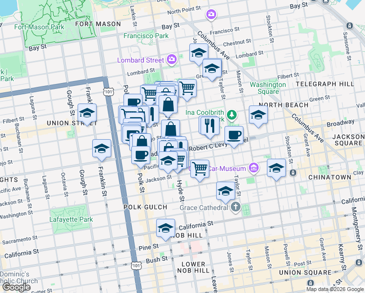 map of restaurants, bars, coffee shops, grocery stores, and more near in San Francisco