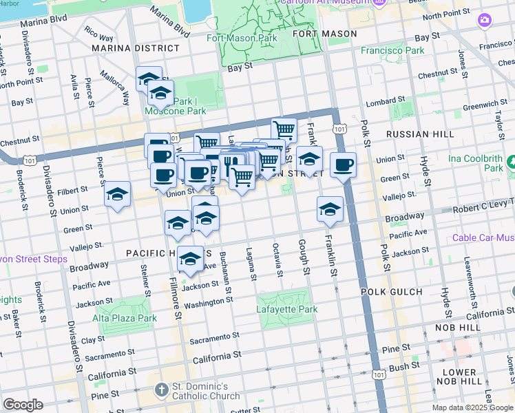 map of restaurants, bars, coffee shops, grocery stores, and more near 1878 Green Street in San Francisco