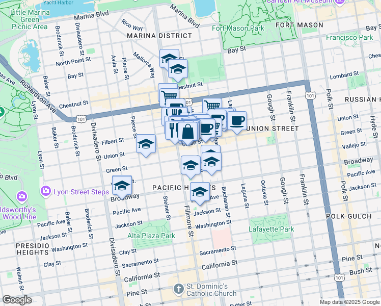 map of restaurants, bars, coffee shops, grocery stores, and more near 2914 Fillmore Street in San Francisco