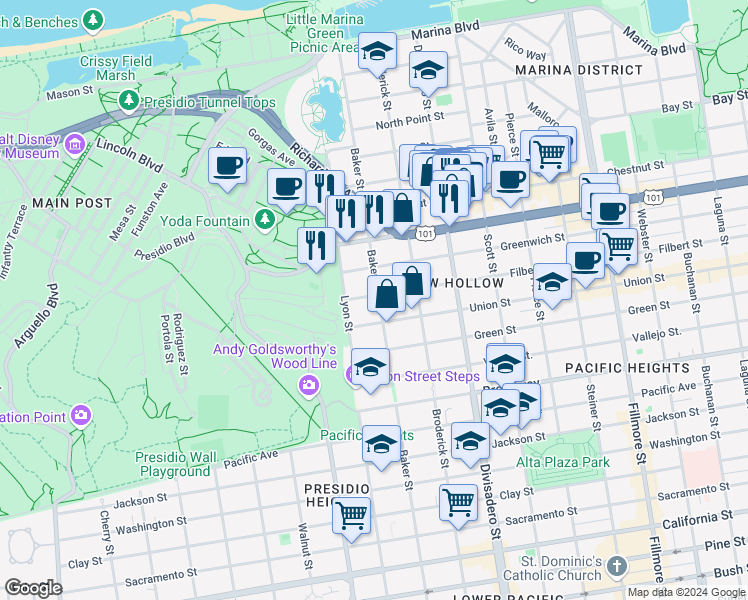 map of restaurants, bars, coffee shops, grocery stores, and more near 2850 Filbert Street in San Francisco