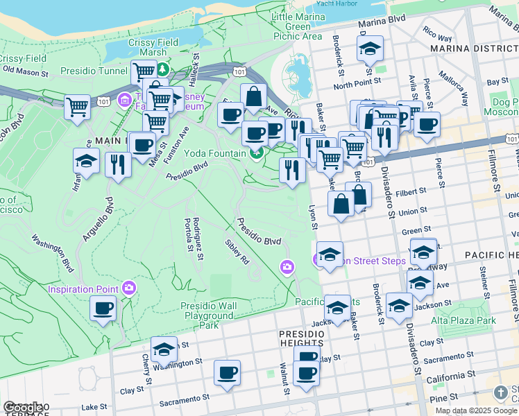 map of restaurants, bars, coffee shops, grocery stores, and more near 5386 Sherman Road in San Francisco