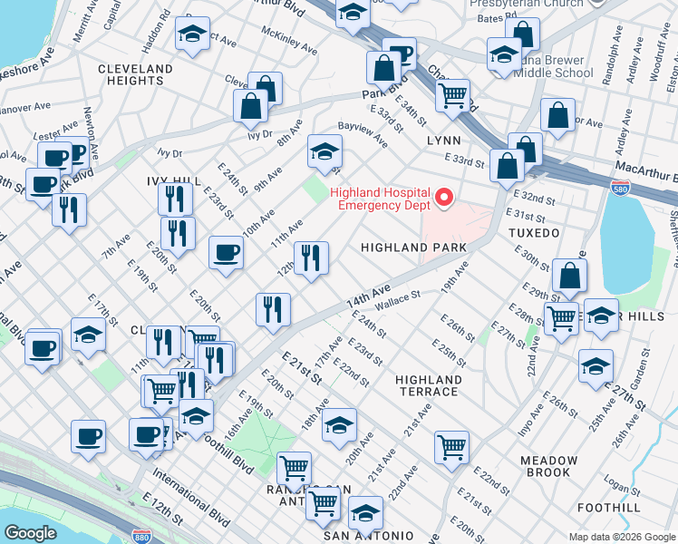 map of restaurants, bars, coffee shops, grocery stores, and more near 1319 East 25th Street in Oakland