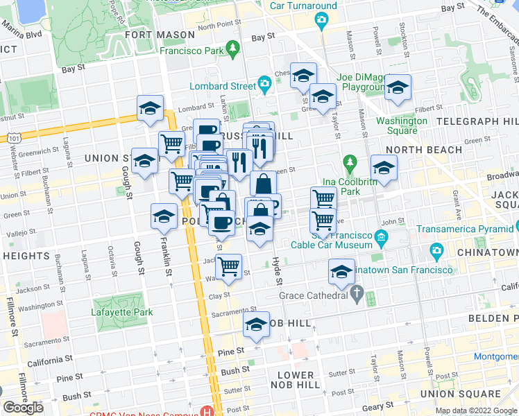 map of restaurants, bars, coffee shops, grocery stores, and more near 1324 Broadway in San Francisco