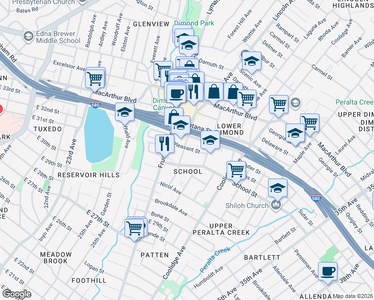 map of restaurants, bars, coffee shops, grocery stores, and more near 2718 Pleasant Street in Oakland