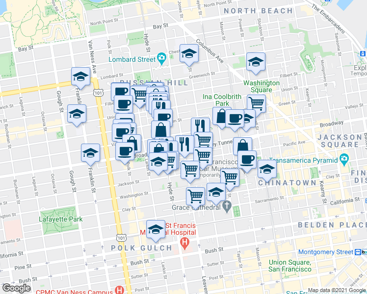 map of restaurants, bars, coffee shops, grocery stores, and more near Broadway & Leavenworth St in San Francisco