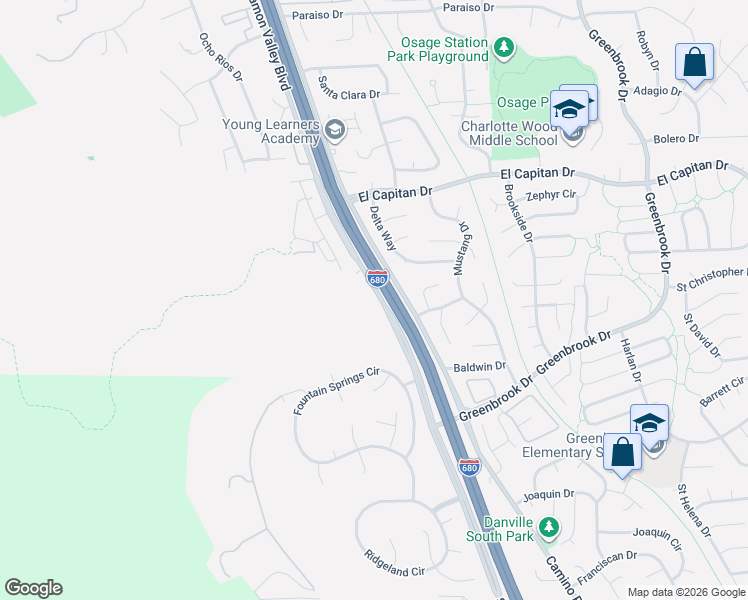 map of restaurants, bars, coffee shops, grocery stores, and more near 1453 San Ramon Valley Boulevard in Danville