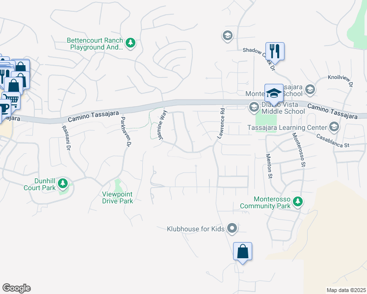 map of restaurants, bars, coffee shops, grocery stores, and more near 264 Jasmine Way in Danville