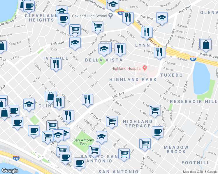 map of restaurants, bars, coffee shops, grocery stores, and more near 1319 East 25th Street in Oakland