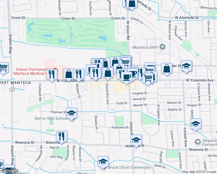 map of restaurants, bars, coffee shops, grocery stores, and more near 1338 West Yosemite Avenue in Manteca