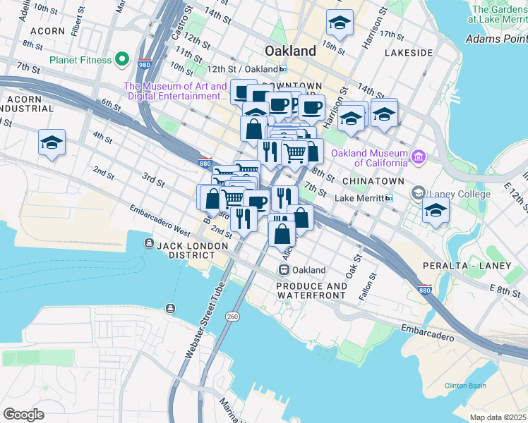map of restaurants, bars, coffee shops, grocery stores, and more near 350 4th Street in Oakland