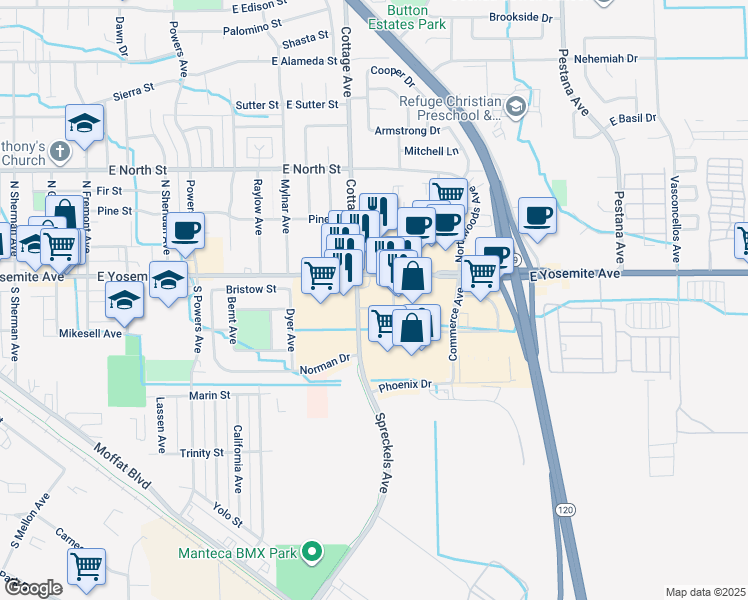 map of restaurants, bars, coffee shops, grocery stores, and more near 1272 East Yosemite Avenue in Manteca