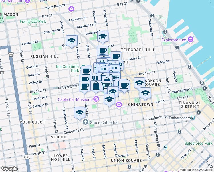 map of restaurants, bars, coffee shops, grocery stores, and more near 1335 Powell Street in San Francisco