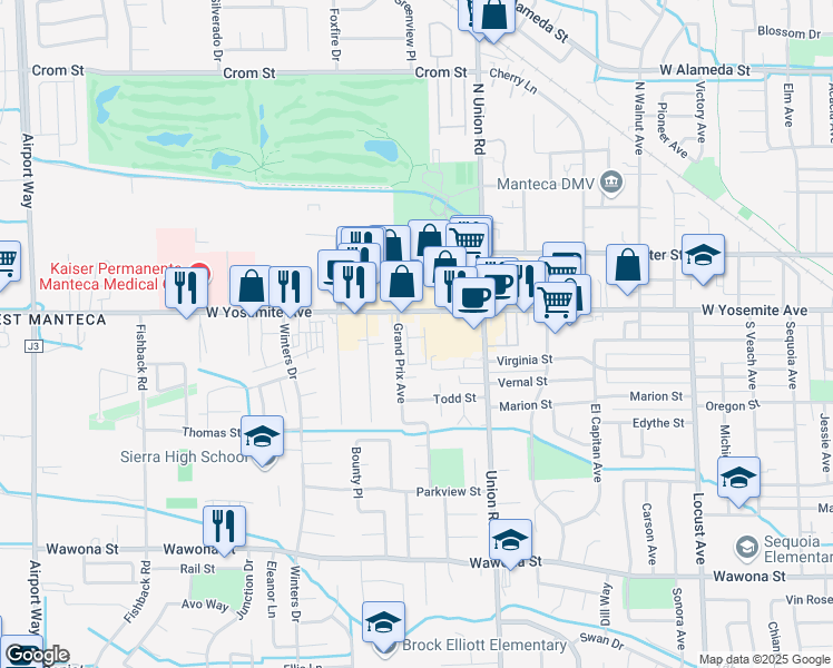 map of restaurants, bars, coffee shops, grocery stores, and more near 1338 West Yosemite Avenue in Manteca