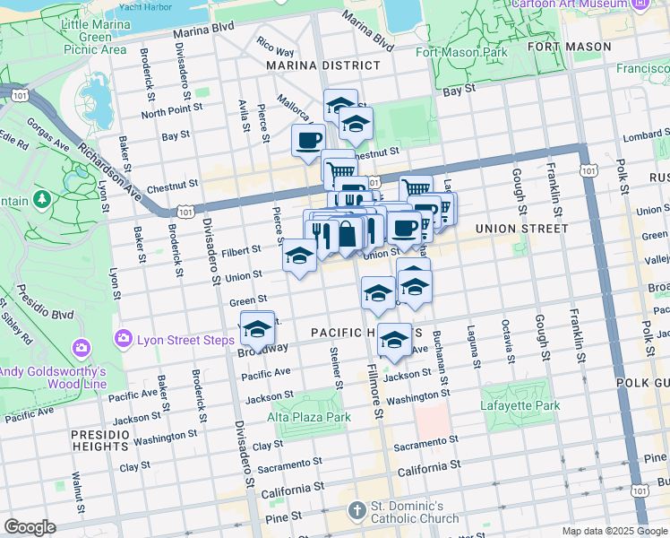 map of restaurants, bars, coffee shops, grocery stores, and more near 2227 Union Street in San Francisco