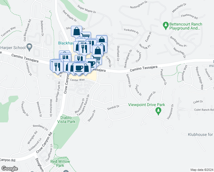 map of restaurants, bars, coffee shops, grocery stores, and more near 509 Zenith Ridge Drive in Danville