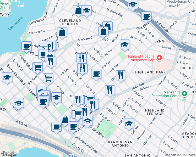 map of restaurants, bars, coffee shops, grocery stores, and more near 2126 10th Avenue in Oakland