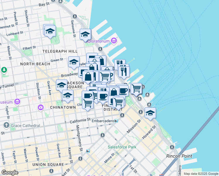 map of restaurants, bars, coffee shops, grocery stores, and more near 145 Jackson Street in San Francisco