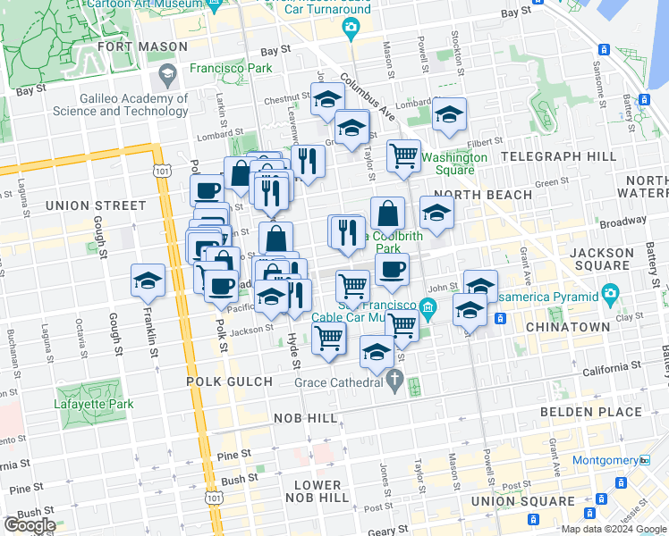 map of restaurants, bars, coffee shops, grocery stores, and more near 81 Glover Street in San Francisco
