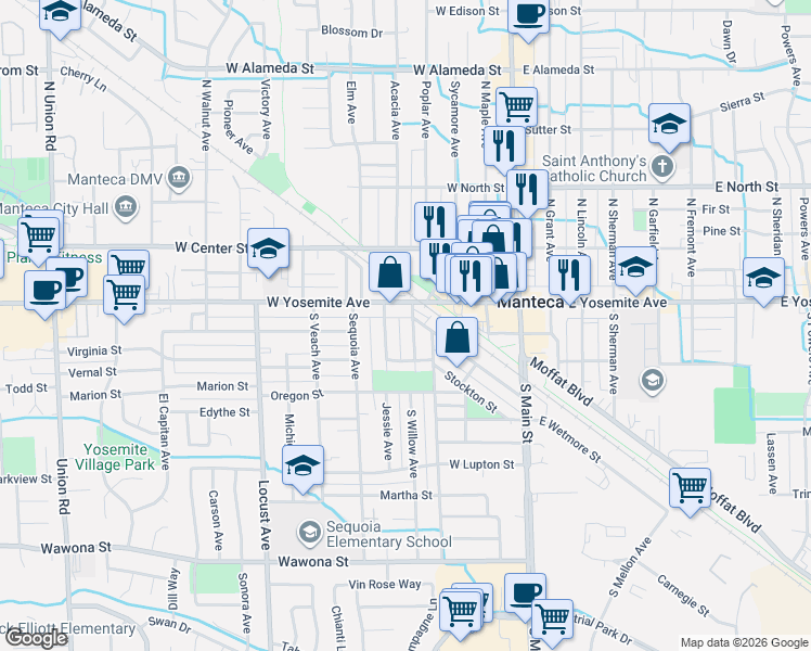 map of restaurants, bars, coffee shops, grocery stores, and more near 105 South Willow Avenue in Manteca