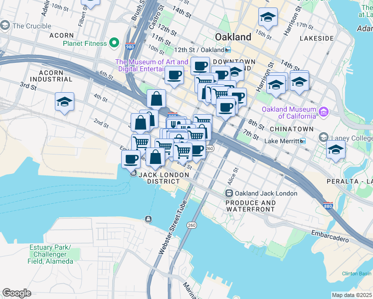 map of restaurants, bars, coffee shops, grocery stores, and more near 314 Broadway in Oakland