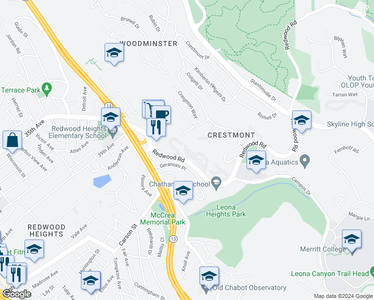 map of restaurants, bars, coffee shops, grocery stores, and more near 4326 Terrabella Place in Oakland