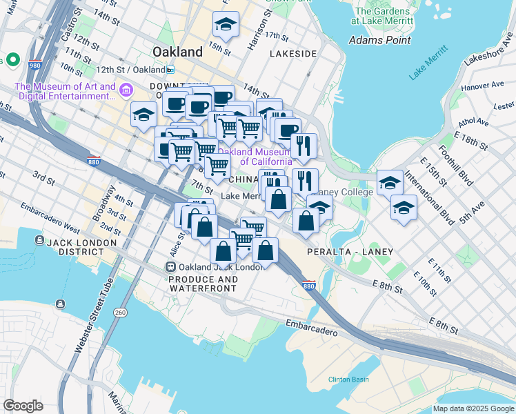map of restaurants, bars, coffee shops, grocery stores, and more near 101 8th Street in Oakland