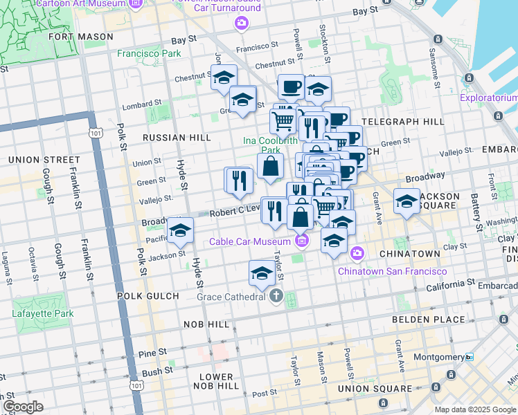 map of restaurants, bars, coffee shops, grocery stores, and more near 999 Robert C Levy Tunnel in San Francisco