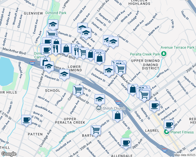 map of restaurants, bars, coffee shops, grocery stores, and more near 3427 Curran Way in Oakland