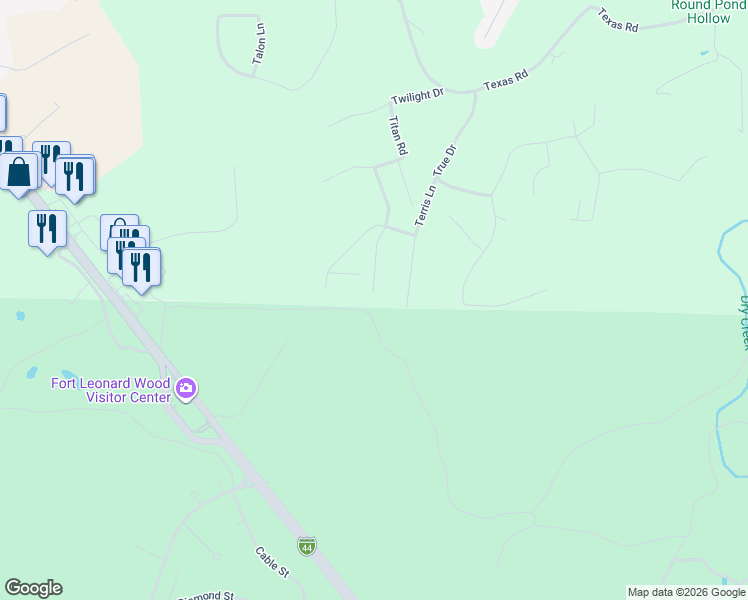 map of restaurants, bars, coffee shops, grocery stores, and more near 25000 Talladega Road in Saint Robert