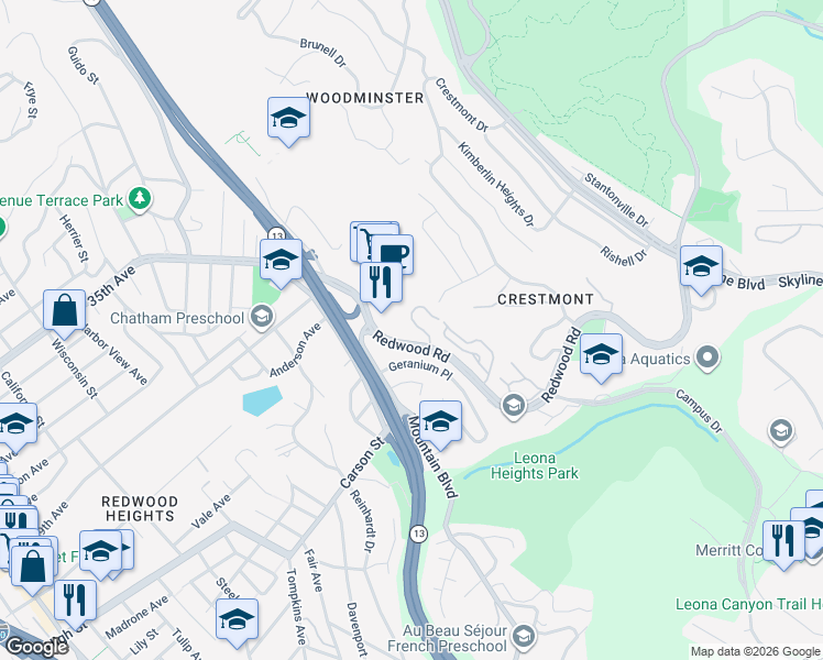 map of restaurants, bars, coffee shops, grocery stores, and more near 4230 Terrabella Way in Oakland