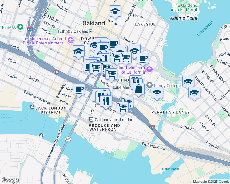 map of restaurants, bars, coffee shops, grocery stores, and more near 616 Jackson Street in Oakland