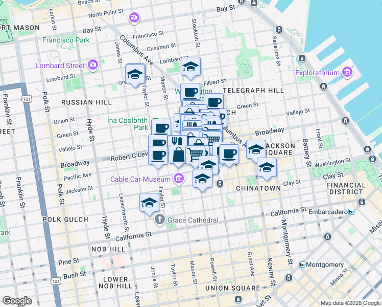 map of restaurants, bars, coffee shops, grocery stores, and more near 1335 Powell Street in San Francisco