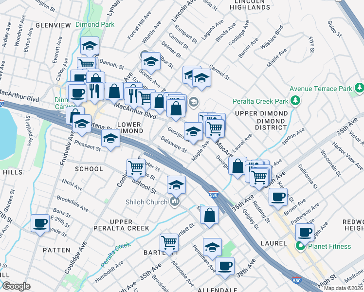 map of restaurants, bars, coffee shops, grocery stores, and more near 2882 Delaware Street in Oakland