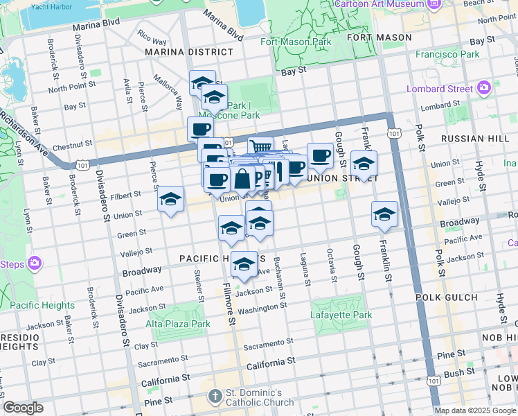 map of restaurants, bars, coffee shops, grocery stores, and more near 2030 Green Street in San Francisco