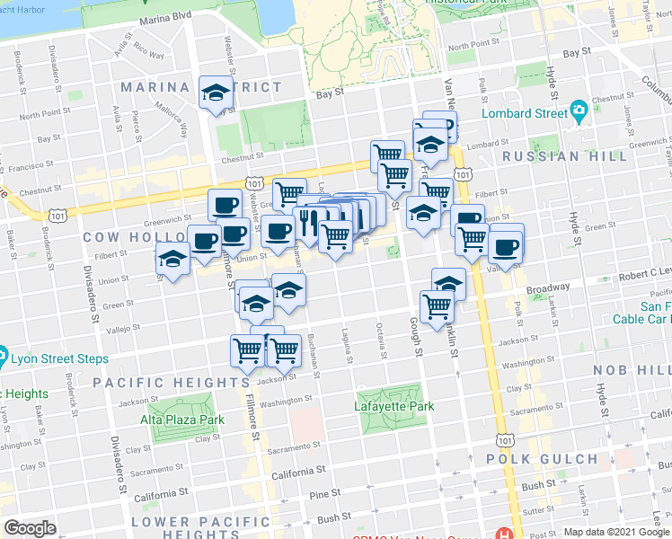 map of restaurants, bars, coffee shops, grocery stores, and more near Green Street & Laguna St in San Francisco