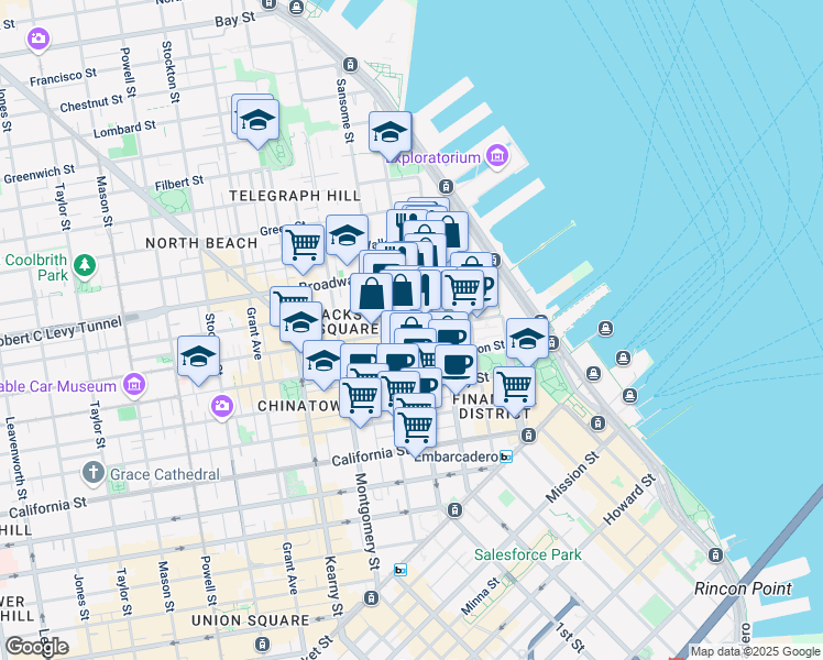 map of restaurants, bars, coffee shops, grocery stores, and more near Jackson St & Battery St in San Francisco