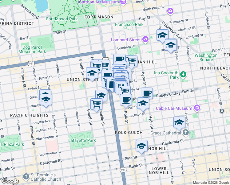 map of restaurants, bars, coffee shops, grocery stores, and more near Vallejo Street in San Francisco